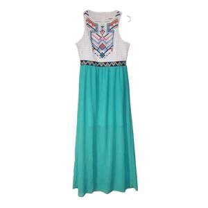 Viidhow Boho Maxi Dress M Green Skirt Sleeveless Tribal Geometric Lined